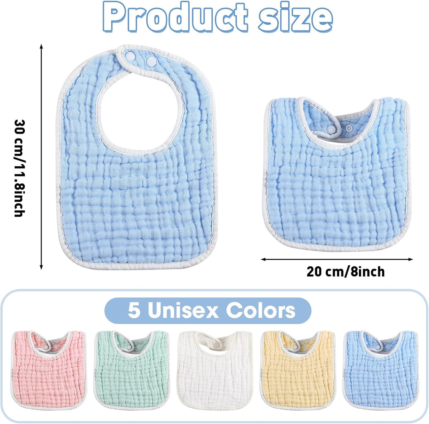 Tatuo 50 Pcs Muslin Baby Bibs Bulk Muslin Cotton Teething for Boy Girls Burp with Snap, Baby Bandana Drool Absorbent Bibs for Newborn Infant Teething and Drooling, 6 Layers