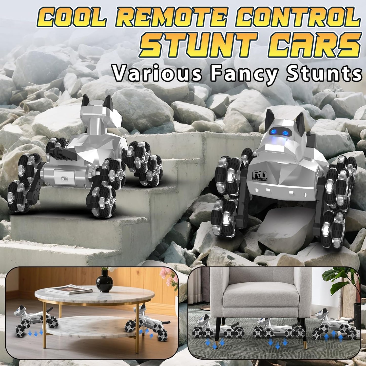 Remote Control Robot Dog Toy 2.4GHz 8WD All-Terrain Gesture Sensing Stunt RC Cars RTR Climbing Robot Dogs with Music Light Eyes 2 Rechargeable Batteries for 8-12 Boys Girl Kids