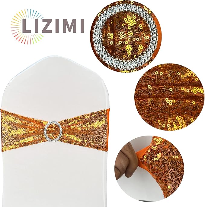 100 Pcs Chair Sashes Sequin Stretch Chair Bands Spandex Polyester Bows for Party Hotel Wedding Banquets Decoration - Orange