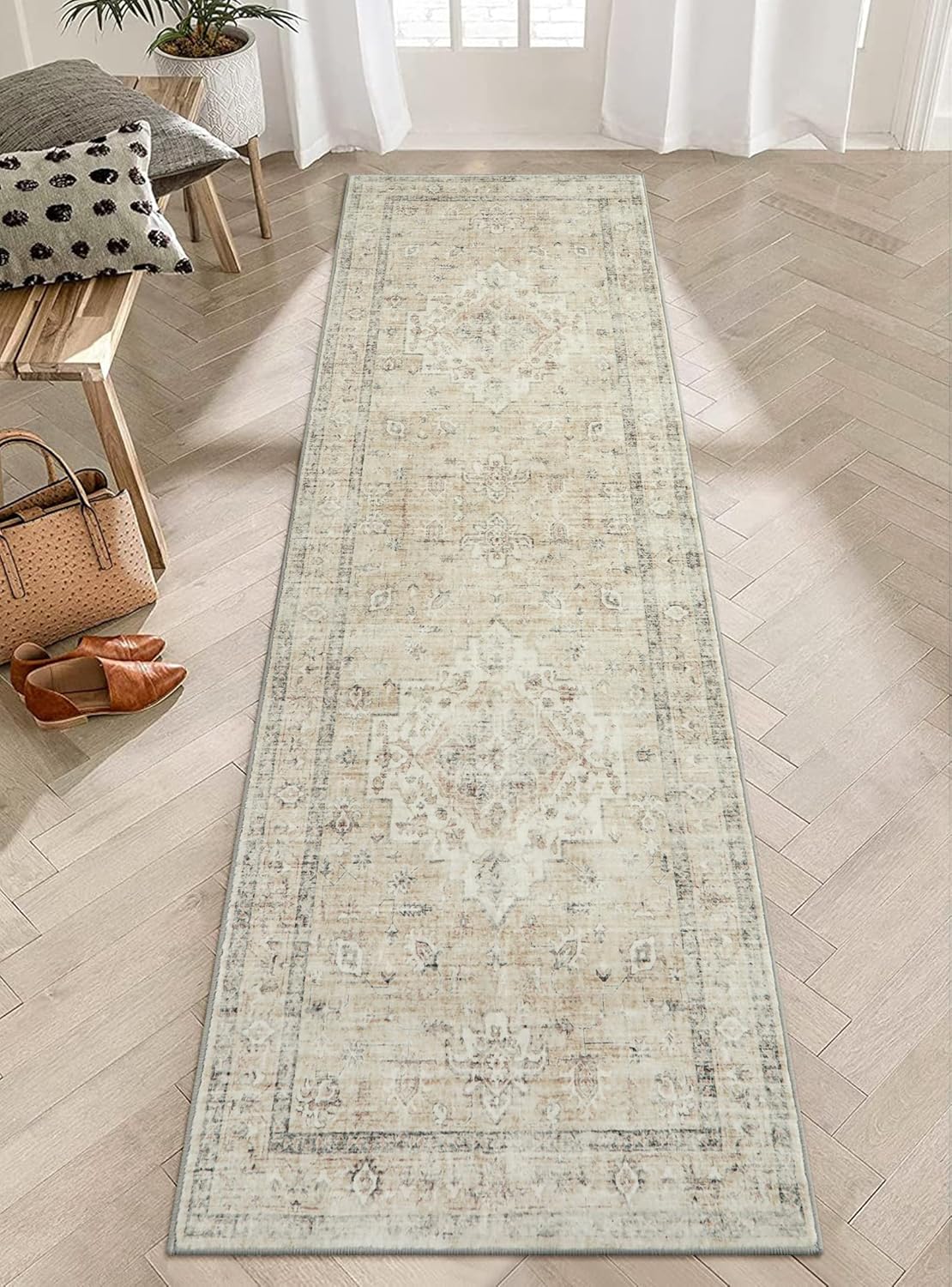 LIVEBOX Washable 2.5x8 Runner Rugs for Entryway Bathroom, Boho Kitchen Floor Mats Long Rug Runners for Hallways Non Slip, Farmhouse Low-Pile Carpet Runners for Laundry Room, Tan