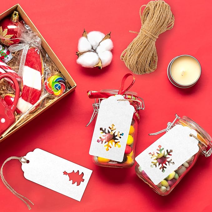 Aneco 150 Pieces Christmas Paper Gift Tags White Kraft Tags Hang Labels Christmas Tree Snowflake Reindeer Design with 30 Meters Jute Twine for Christmas DIY Wrapping Favor Holiday Present