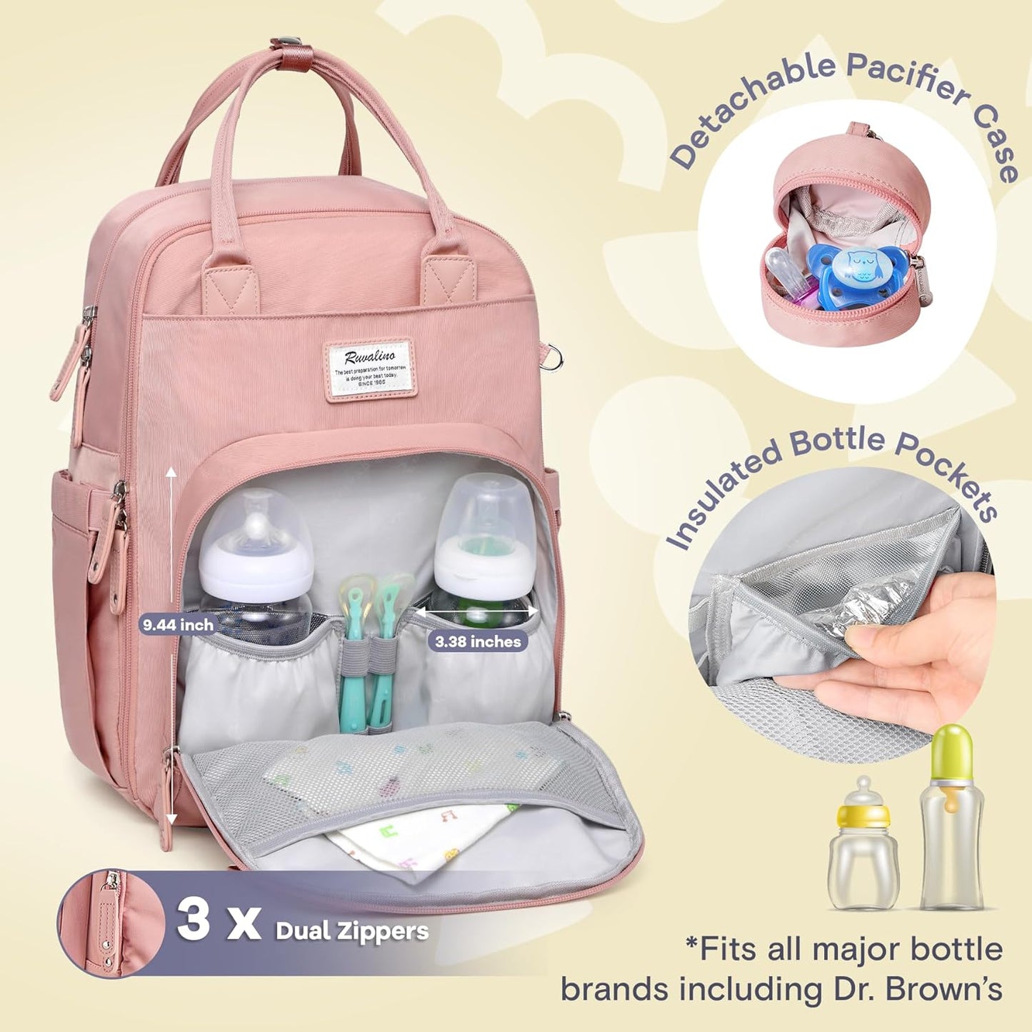 RUVALINO Diaper Bag Backpack, Multifunction Travel Back Pack for Girls, Maternity Baby Changing Bags with Changing Pad for Mom, Large Capacity, Waterproof and Stylish, Pink