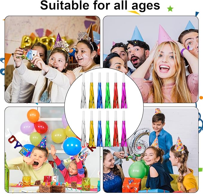 24 Pcs Party Horns, Party blowers Noise Makers, Graduation Noise Makers Glitter Metallic Fringed Birthday Blowers for Wedding Birthday Graduation Ceremony Festival (6 Colors)