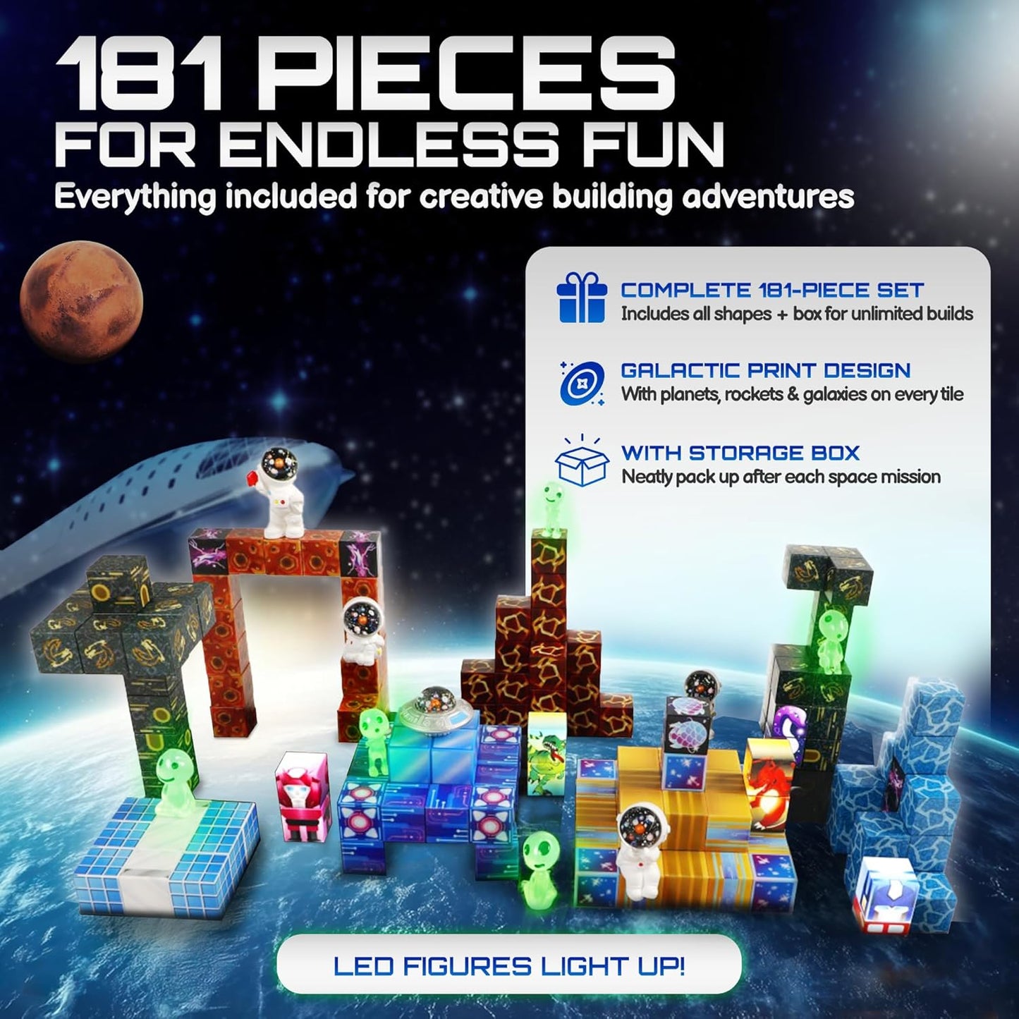 181 PCS Magnetic Blocks | Magnetic Building Blocks for Kids Age 3+ | Exclusive Magnetic Space Cubes with Custom LED | Magnet Blocks for Boys & Girls, STEM Sensory Educational Gift