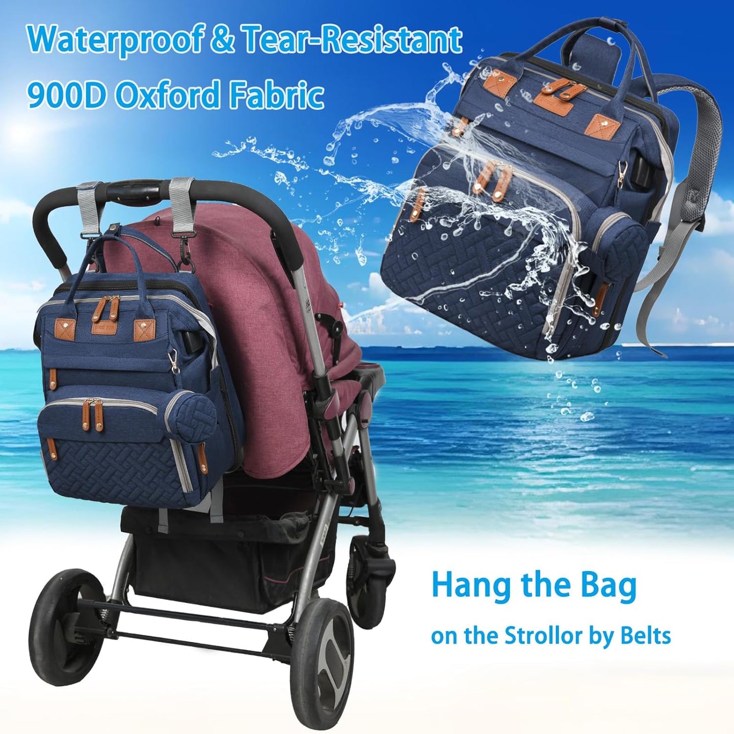 Jeryswet Baby Diaper Bags with Changing Station, Waterproof Large Capacity Diaper Bag Backpack for Moms Dads with USB Charging Port and Stroller Straps, Baby Shower Gifts, Blue