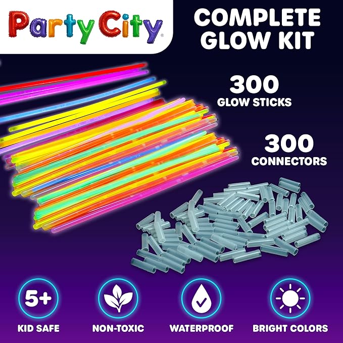 Party City 300 Glow Sticks Bulk Party Pack 8”– Neon Glow in the Dark Party Supplies, Glowsticks with Connectors Bracelets & Necklaces, Light Up Favors for Kids, Adults, Birthdays, Parties, Decorations