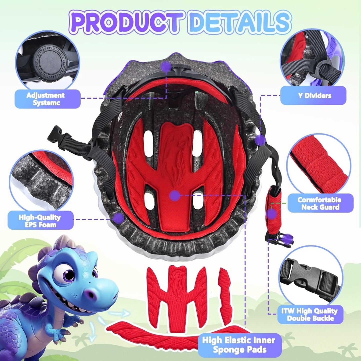 Toddler/Kids Bike Helmet Set for Boys Girls 3D Adjustable Kids Helmet Protective Gear Set Knee Elbow Wrist Pads and Multi-Sports Skateboard Scooter Cycling Roller Balance Bike