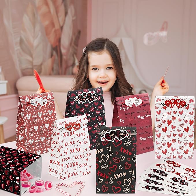 Valentines Bags - 24 PCS Valentines Gift Bags for Class School,Valentine Treat Bags with Stickers - Valentine Goodie Bags for Kids | Valentine's Day Gifts for Kids - Valentine's Decorations Party Favors