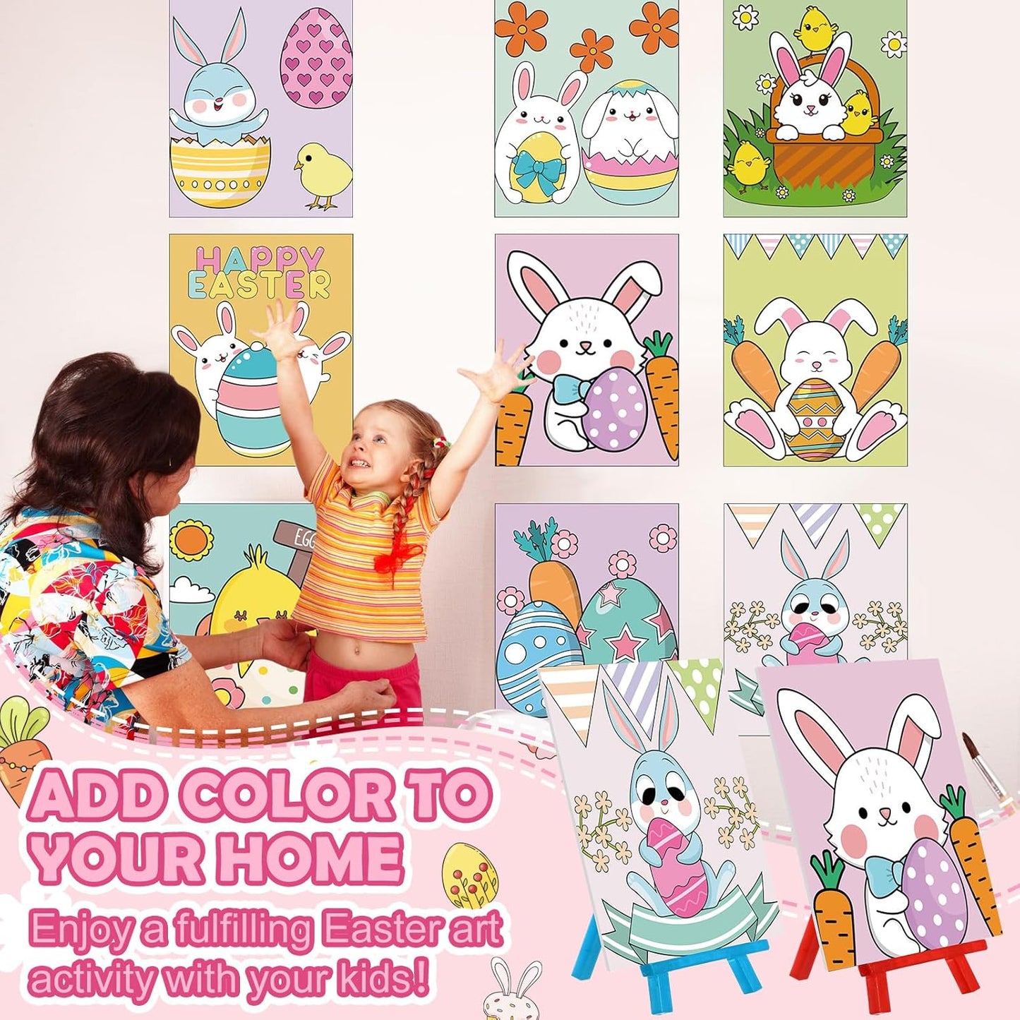 Blosssound 10 Set Pre Printed Canvas Pre Drawn Canvas Painting with Easel Kits 5" x 7" Outline Painting Panels for Beginners, DIY Craft Project, Party Favor, Home Decors(Bunny)