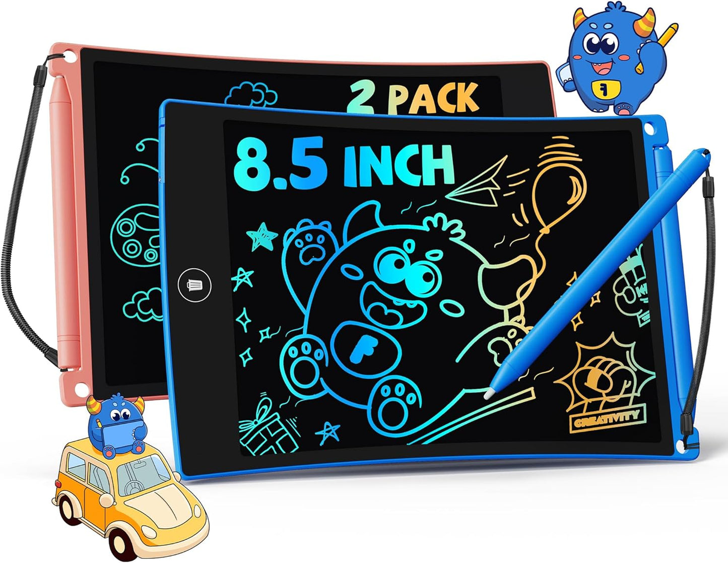 TEKFUN 8.5in 2 Pack LCD Writing Tablet for Kids Coloring Doodle Board Magic Drawing Pad for Kids with Anti-Lost Stylus, Car Trip Educational Toys Birthday Gift for 3 4 5 6 7 Kids Girls Boys Toddlers