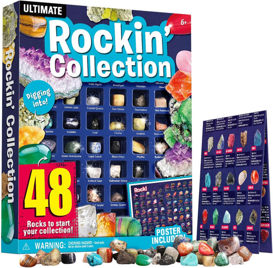 XXTOYS Rocks Collection 48 PCS Rock and Mineral Education Set Gemstones for Kids Geology Gem Kit with Tiger’s Eye Rose Quartz Red Jasper and More Identification Guide STEM Science Education