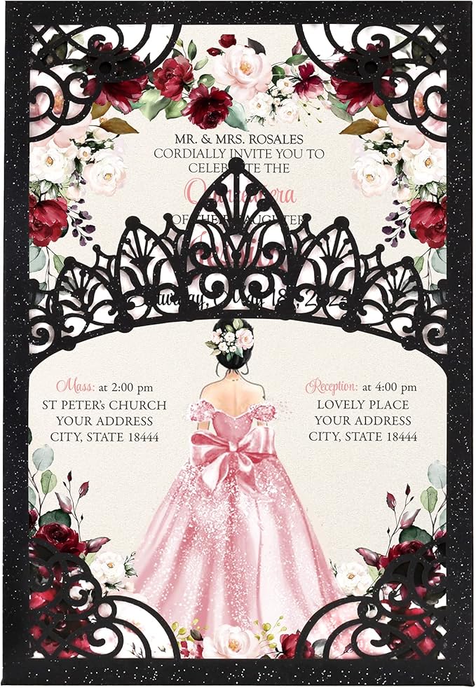 50Pcs Pink Crown Invitations for Quinceanera, 15 year, Sweet 16, Miss XV, Birthday Laser Cut Quince Invitation Cards Personalized Pearlized Black