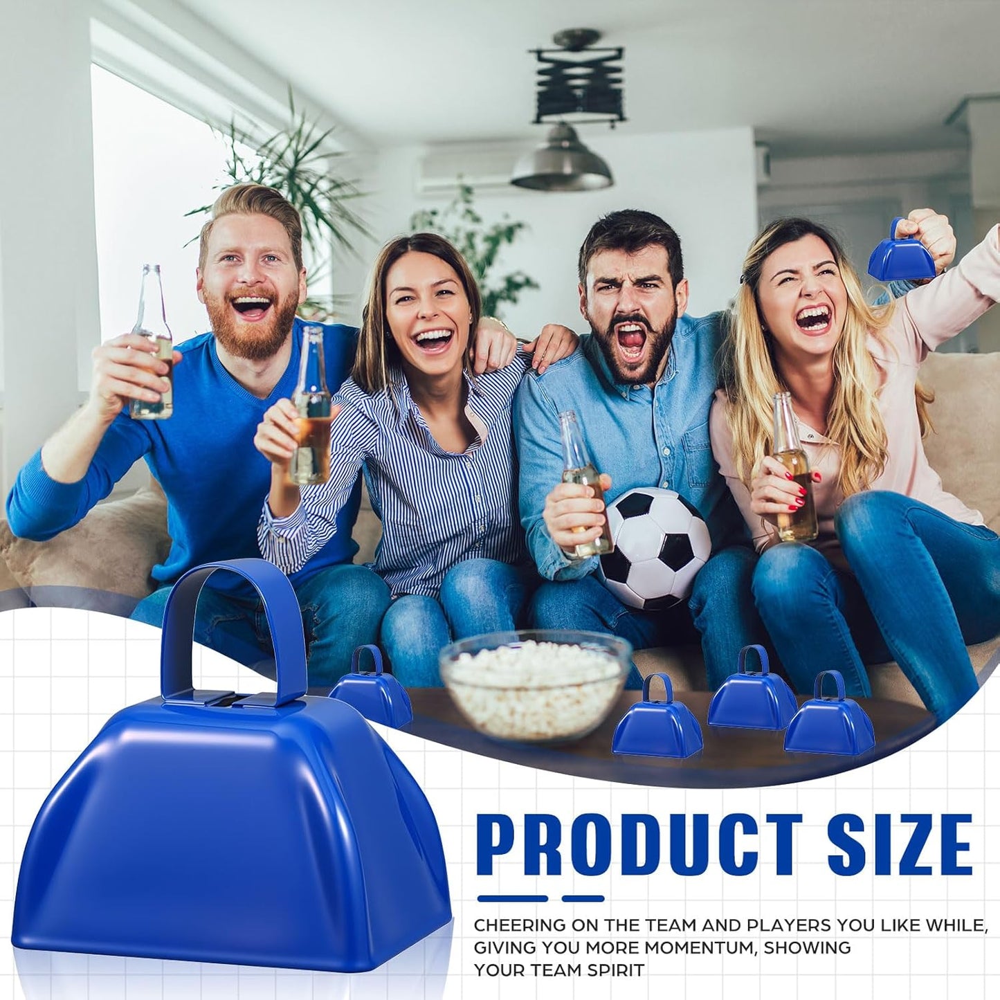 6 Pcs 3 Inch Metal Cowbells Noise Maker Hand Percussion Cow Bells with Handles for Sporting Events Cheering Noisemakers Weddings Team Spirit Sports Party Favors (Blue)