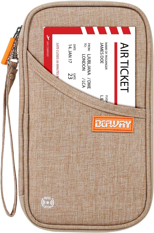 defway Passport Holder Travel Wallet - Family Passport Holder of 4, RFID Blocking Passport Wallet for Men Women, Travel Essentials for Flying (khaki)