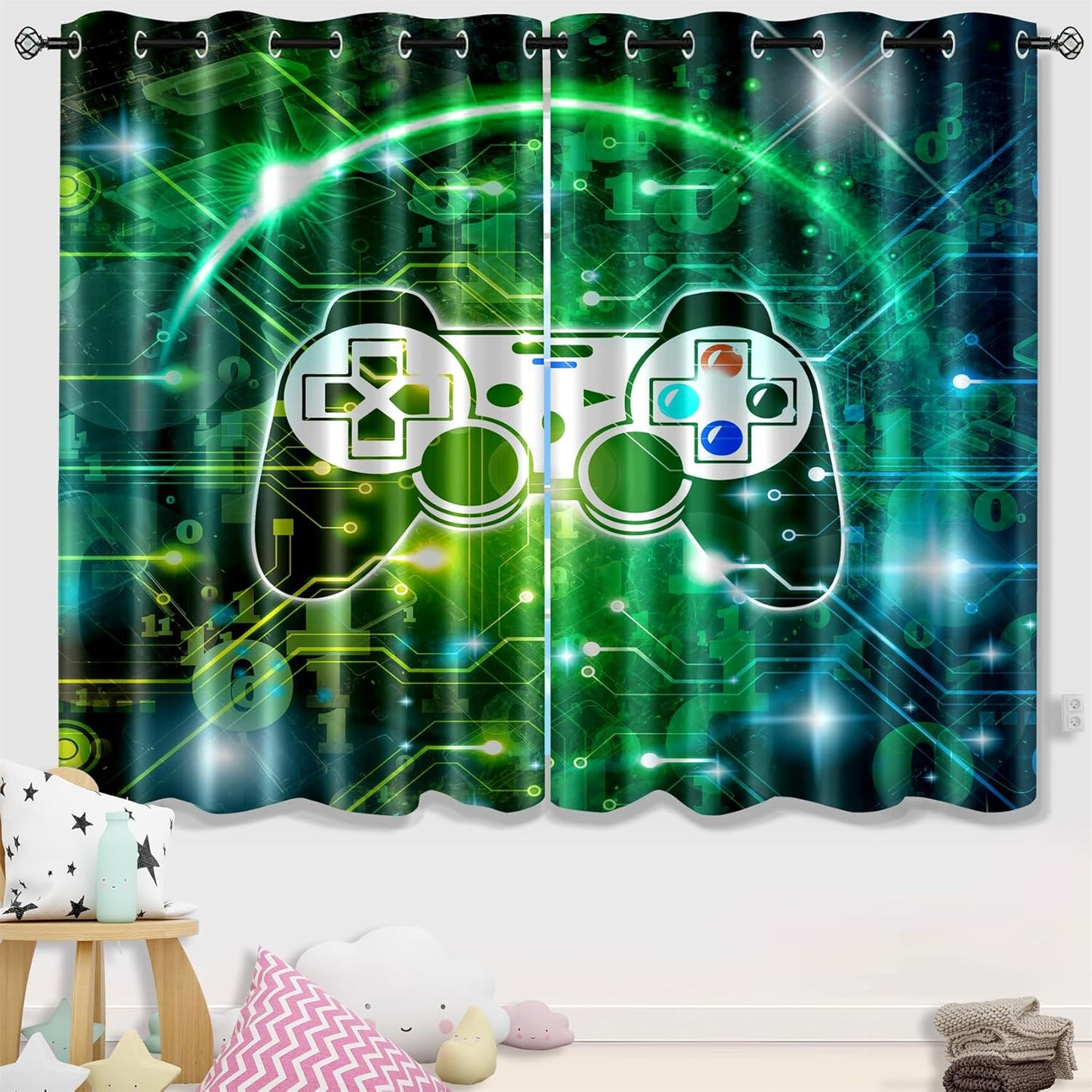 Gaming Blackout Curtains for Boys - 2Pcs Game Windows Curtain Panels for Boys Bedroom Green Gaming Console Curtains for Teens Boys Kids Room Decor Grommet Top, 82 in x 63 in