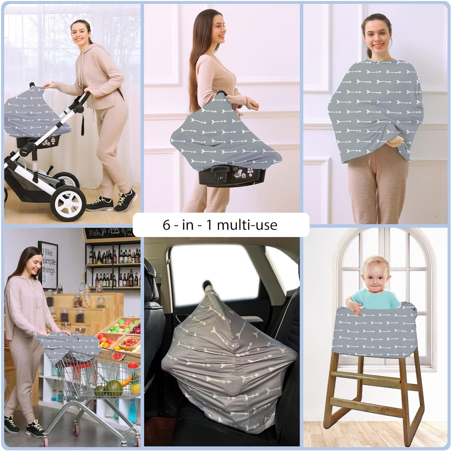 Nursing Carseat Canopy Breastfeeding Cover - Multi-use Stretchy Car Seat Covers for Babies, Baby Shower Gifts (Grey Arrows)