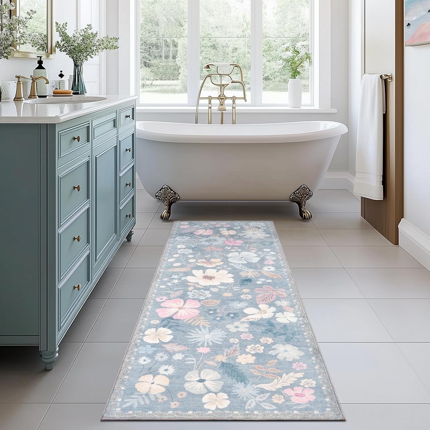 Kitchen Runner Rug 2x6 Washable Non Slip Soft Boho Floral Carpet Runner for Hallways Low Pile Thin Faux Fur Long Area Rug for Bedroom Entrance Patio Laundry Room Bathroom,Pastel Blue