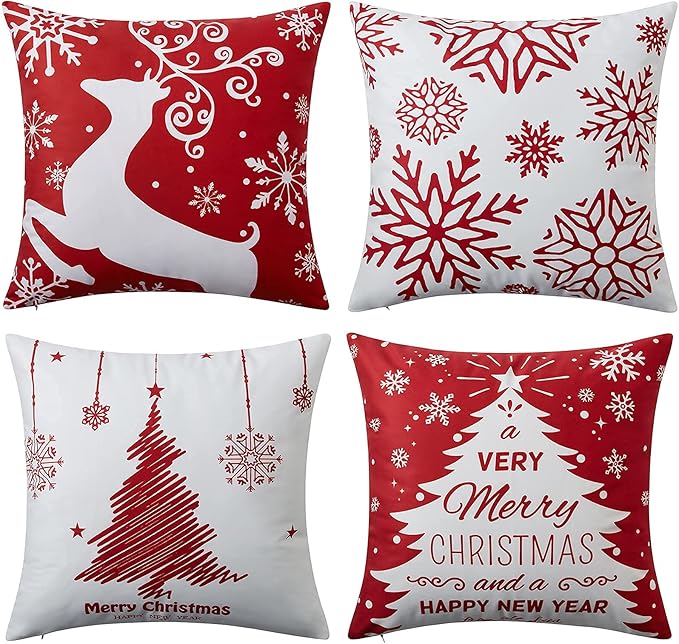 NANAN Christmas Pillow Covers 18x18 Inch Set of 4 Decorative Farmhouse Throw Pillow Covers Holiday Rustic Pillow Cases for Sofa Couch Home Decor Christmas Decorations Xmas Cushion Covers