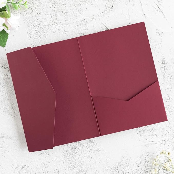 20 PCS Burgundy Tri-fold Laser Cut Wedding Invitation Pockets for 5x7 Wedding Cards Bridal Shower Engagement Quinceanera Invitation
