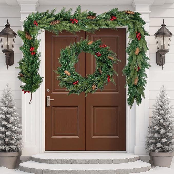 9FT Christmas Garland Artificial Norfolk Pine Tree Greenery, Cedar Cypress with Red Berries Pine Cones, Realistic Winter Holiday Mantel Fireplace Door Table Decor, Indoor Outdoor