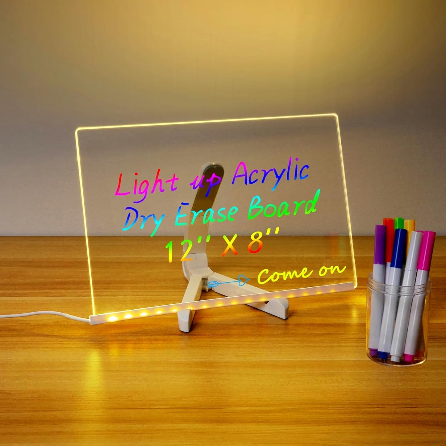Large Acrylic Dry Erase Board with Light Light up Drawing Board with Stand as a Glow Memo LED Letter Message Board Note Glass Led Board White Board with 7 Pen for Office School Home (Large)