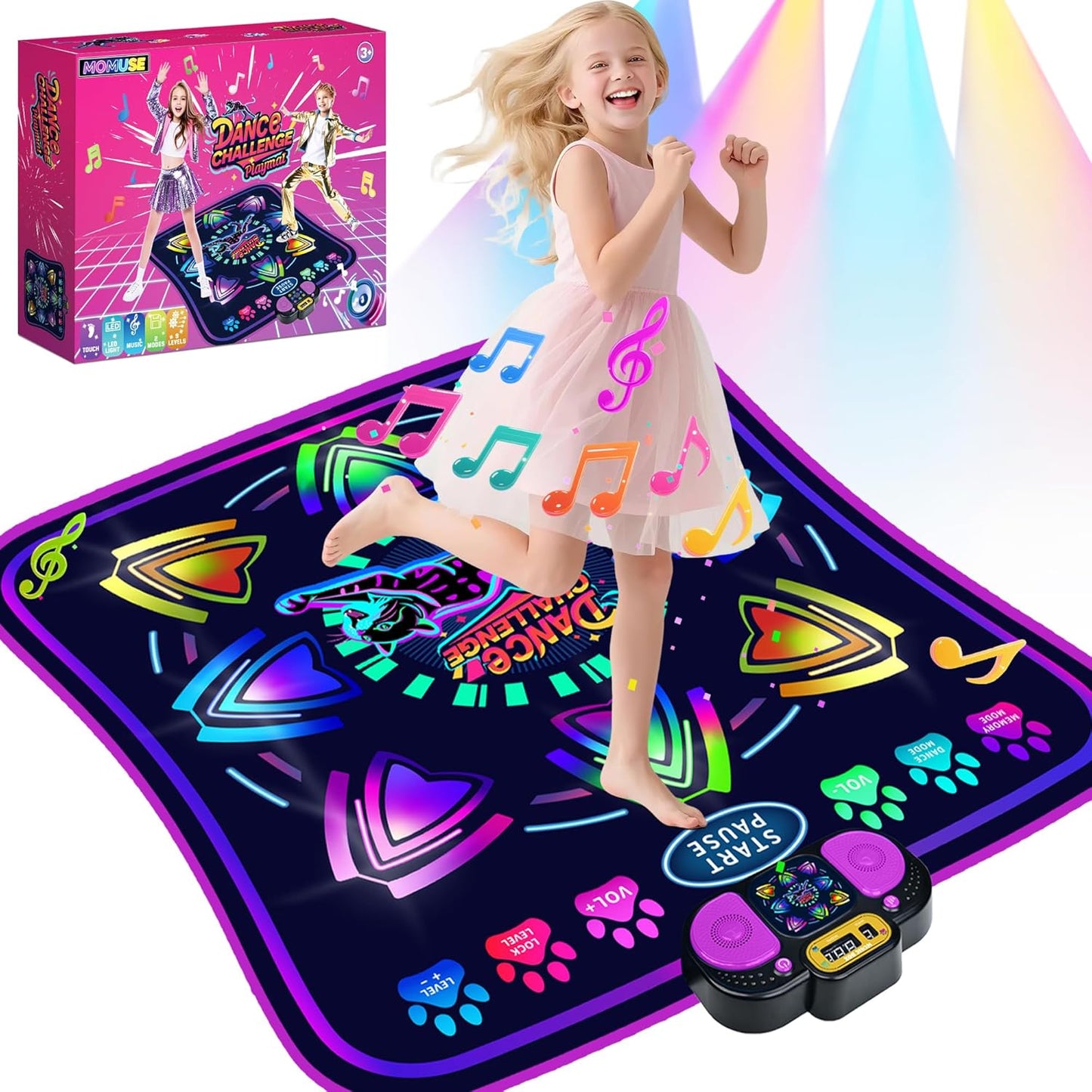 MOMUSE Kids Dance Mat with Display & Lockable Levels, 2 Challenge Modes Electronic Dance Pad 6 Volume Levels Built-in Music Toy Musical Mat, Christmas Birthday Gift for 3-12 Years Girls Boys