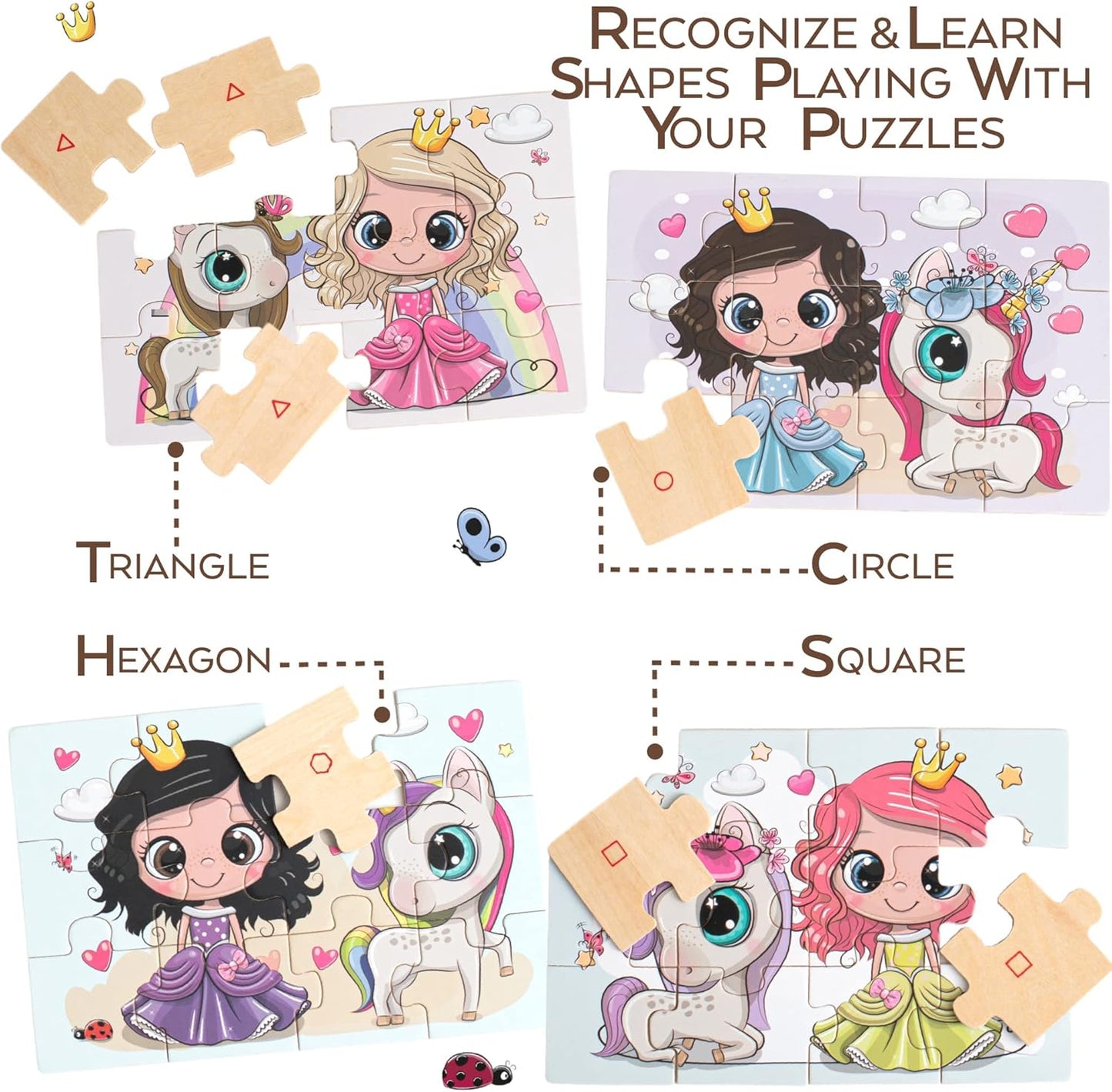 4-in-1 Princess Jigsaw Puzzles for Kids, Wood Puzzles for Kids Ages 3-5 48 Piece Wooden Puzzles for Toddlers 3-5, Wooden Puzzles for Toddlers, Essential Skills Gift for Girls Princesses