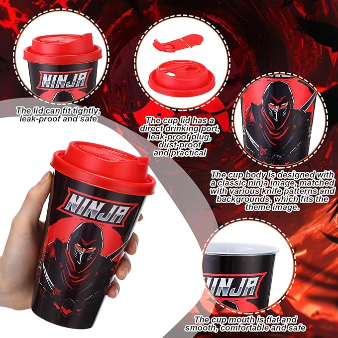 Yungyan 16 Sets Ninja Party Favors Goodie Cups with Lids and Straws for Birthday Decorations Reusable 16oz Plastic Candy Cups Plastic Straws for Birthday Party (Ninja)