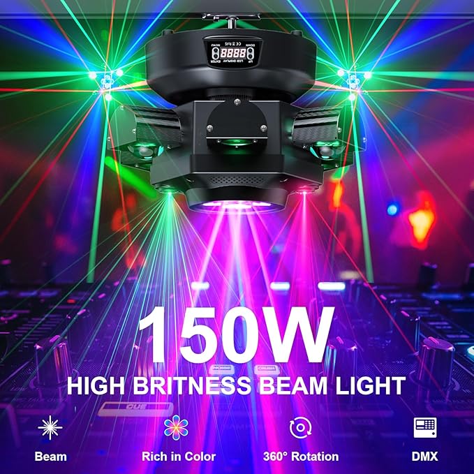 Moving Head DJ Lights, 150W RGBW LED Moving Head Light with Mixed Lighting Effects, 6 Arms Party Lights Support DMX-512 & Sound Activated, Stage Lights for Party Disco KTV Wedding Club