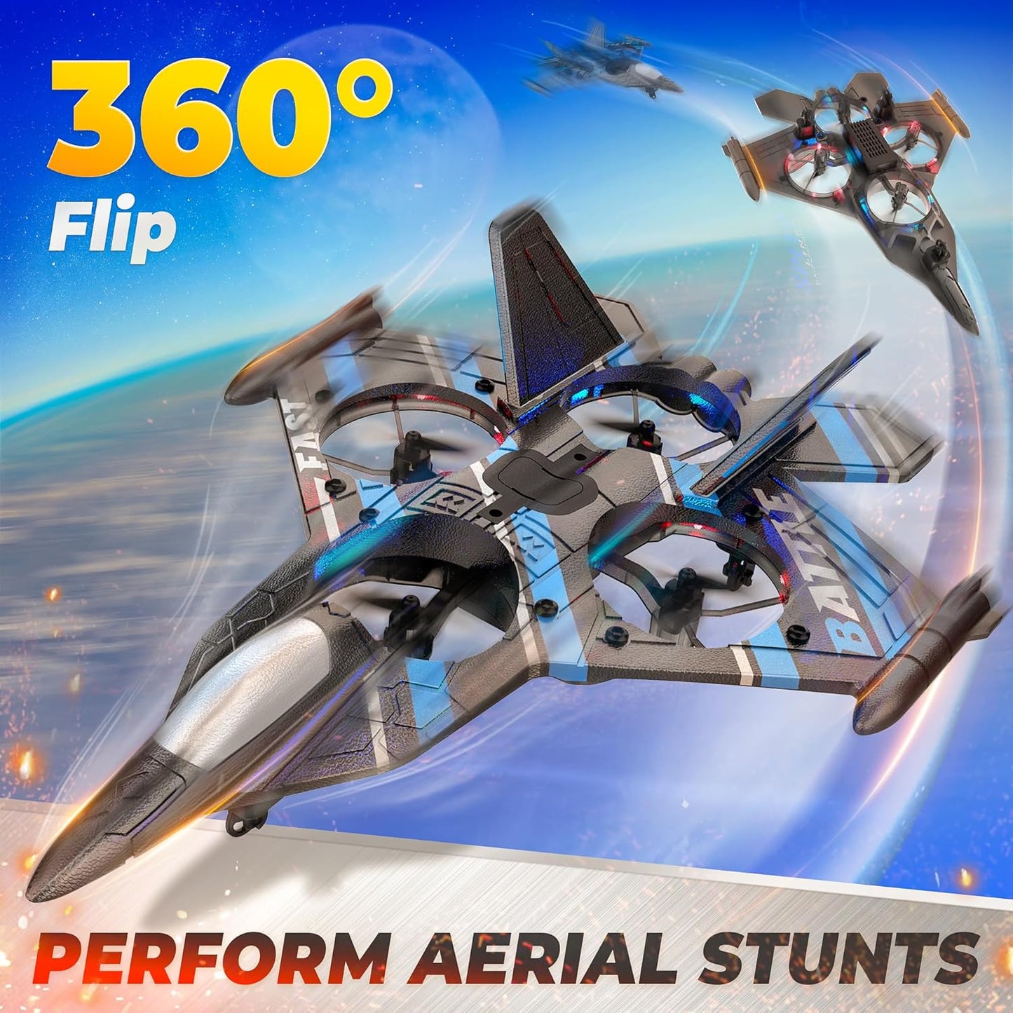 BEZGAR Drones for Kids | 2.4GHZ RC Plane, Remote Control Airplane, RC Helicopter, 360° Flip Fighter Jet Toy, Toys for ages 8-13 with Colorful LED Navigation Lights Blue