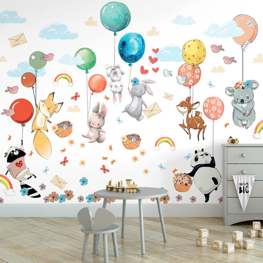 Hot Air Balloon Wall Decals by Lipastick - Peel and Stick Animal Stickers Raccoon, Fox, Koala, Panda for Kids Room, Nursery, Playroom, Bedroom - Removable Wall Decor for Boys, Girls, Babies - XXL Size