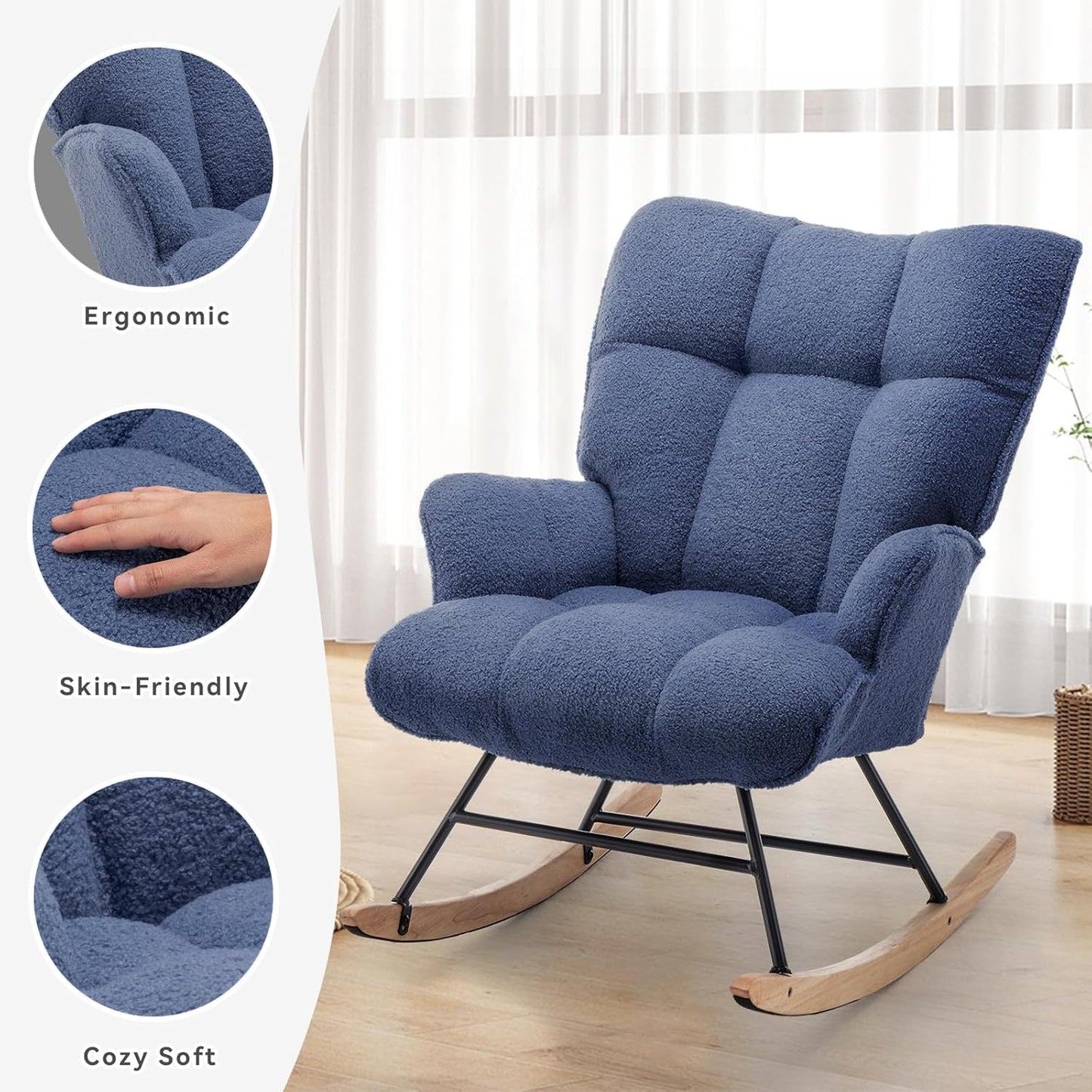 Rocking Chair Nursery Teddy Upholstered Glider Rocker Rocking Accent Chair Padded Seat with High Backrest Armchair Comfy Side Chair for Living Room Bedroom Offices (Steelblue Teddy)