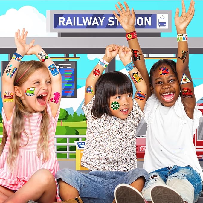 60 PCS Train Party Favors Set - 36 Temporary Tattoos Sticker & 24 Slap Bracelets for Kids, Perfect for Birthday Parties, Classroom Rewards and Gifts