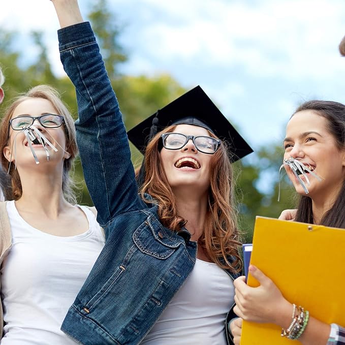 Skylety 24 Pcs Noise Makers Party Favors Silver Blowers Glitter Noise Makers for Sporting Events Fun Party Horns Metallic Fringed Blowers for Birthday Supplies