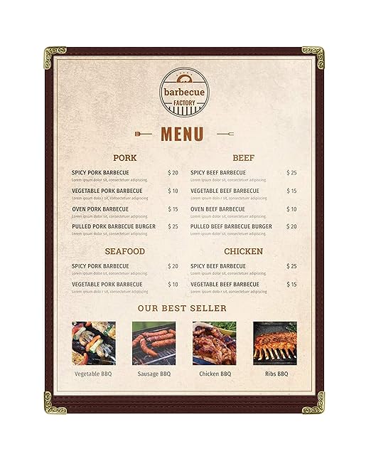 Brown, 25 Pack,1 Page / 2 Views - 8.5" x 11", Cafe Style Menu Cover, Top-Loading Double Stitched Edge, Crystal Clear Vinyl Menu Holder with Gold Decorative Corners