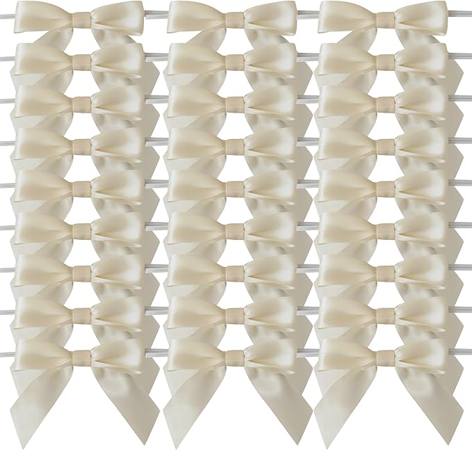 50pcs 3-1/2" Mini Satin Ribbon Bows with Twist Ties for Crafts Cream Color for Gift Wrapping Packing Holiday Candy Decoration (3.5"-Ivory)