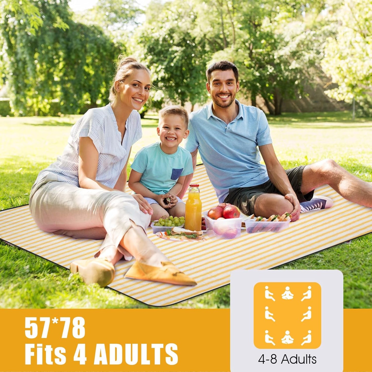 G GOOD GAIN Picnic Blankets Waterproof - Extra Large Outdoor Blanket Sand Free Foldable with Carry Strap for Beach, Camping, Park Grass, Hiking, Travel, Concerts, Indoor(Bumblebee)