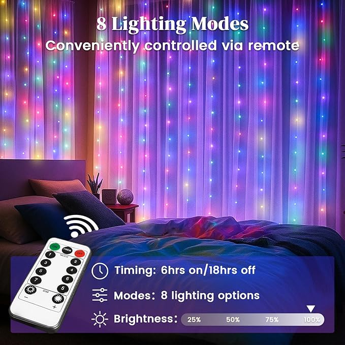 DomeStar 300 LED Fairy Curtain Lights, 9.8ft x 9.8ft Battery Operated with 8 Modes Remote Christmas Waterproof String Hanging Lights for Bedroom Patio Garden Party Wedding Wall Decor (Multicolor)