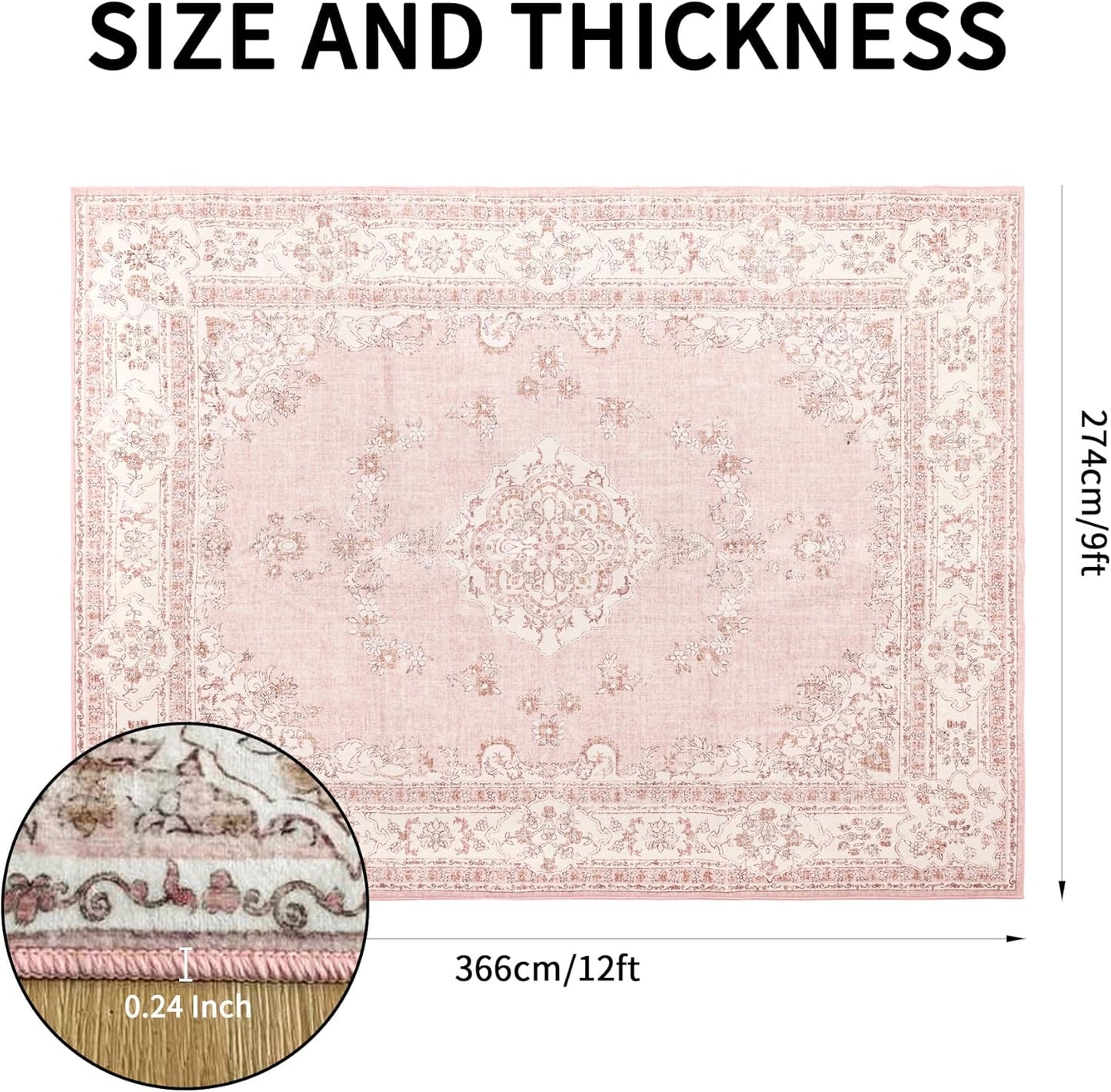 9x12 Area Rug Washable: Oriental Soft Area Rug for Living Room Bedroom No Shedding - Low Pile Thin Carpet Rug for Dining Room Non Slip - Boho Vintage Rug for Home Decor - Soft Pink