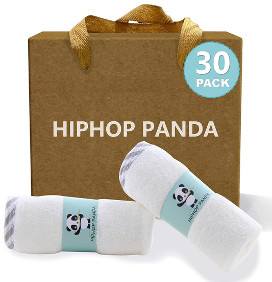 HIPHOP PANDA Baby Washcloths, Rayon Made from Bamboo - 2 Layer Ultra Soft Absorbent Newborn Bath Face Towel - Reusable Baby Wipes for Delicate Skin - Gray Stripe, 30 Pack