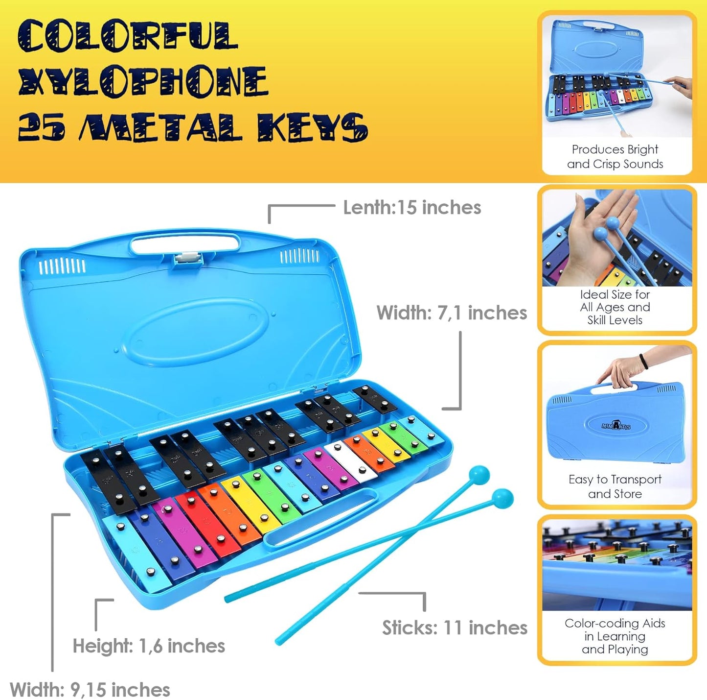 MINIARTIS Glockenspiel Xylophone | 25 Note Colorful Metal Keys Xylophone for Kids | Percussion Musical Instrument | Educational Music Toy Includes Music Songbook, Mallets and Blue Carry Case