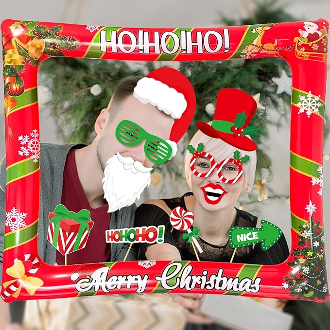 Christmas Photo Booth Props Inflatable Frame, 32Pcs Christmas Party Photo Booth Props with Inflatable Picture Frame Large for Xmas Holiday Party Selfie Supplies