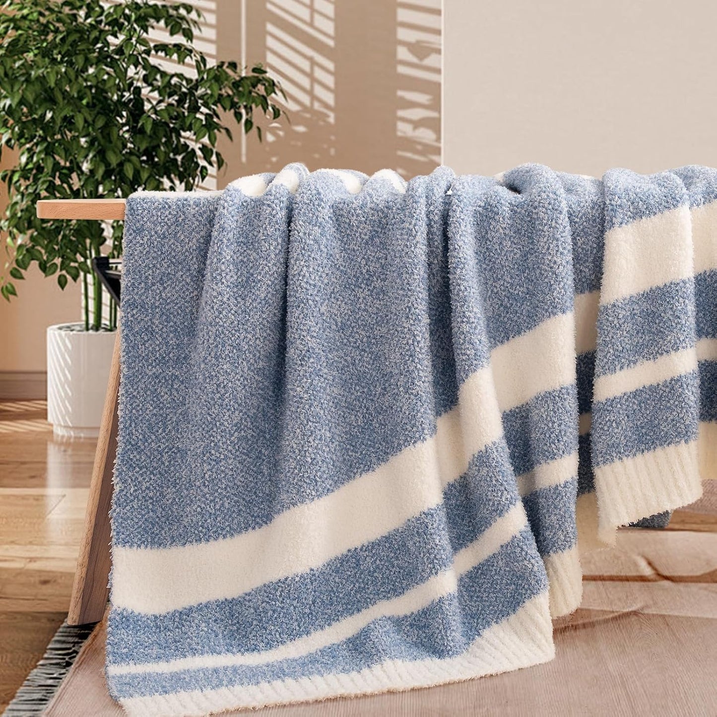 NEXHOME PRO Stripe Cozy Blanket, Knit Fuzzy Throw Blanket for Couch Bed Sofa Picnic, Ultra Soft Blankets for Women Gifts Blue 50 x 60 inches
