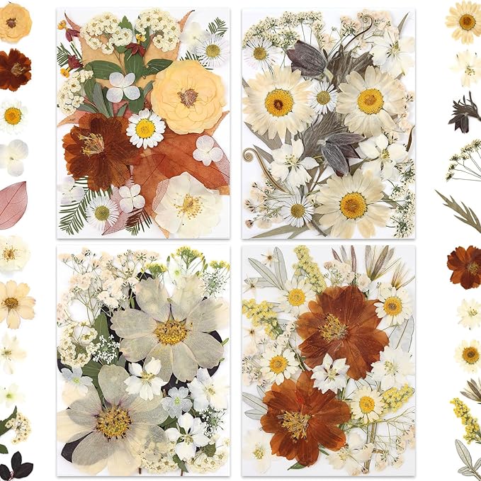 100P Vintage White Dried Flowers for Crafts, Real Natural Pressed Flowers in Retro White Tones for Resin Art, DIY Crafts, Jewelry & Candle Decor – Tweezers Included