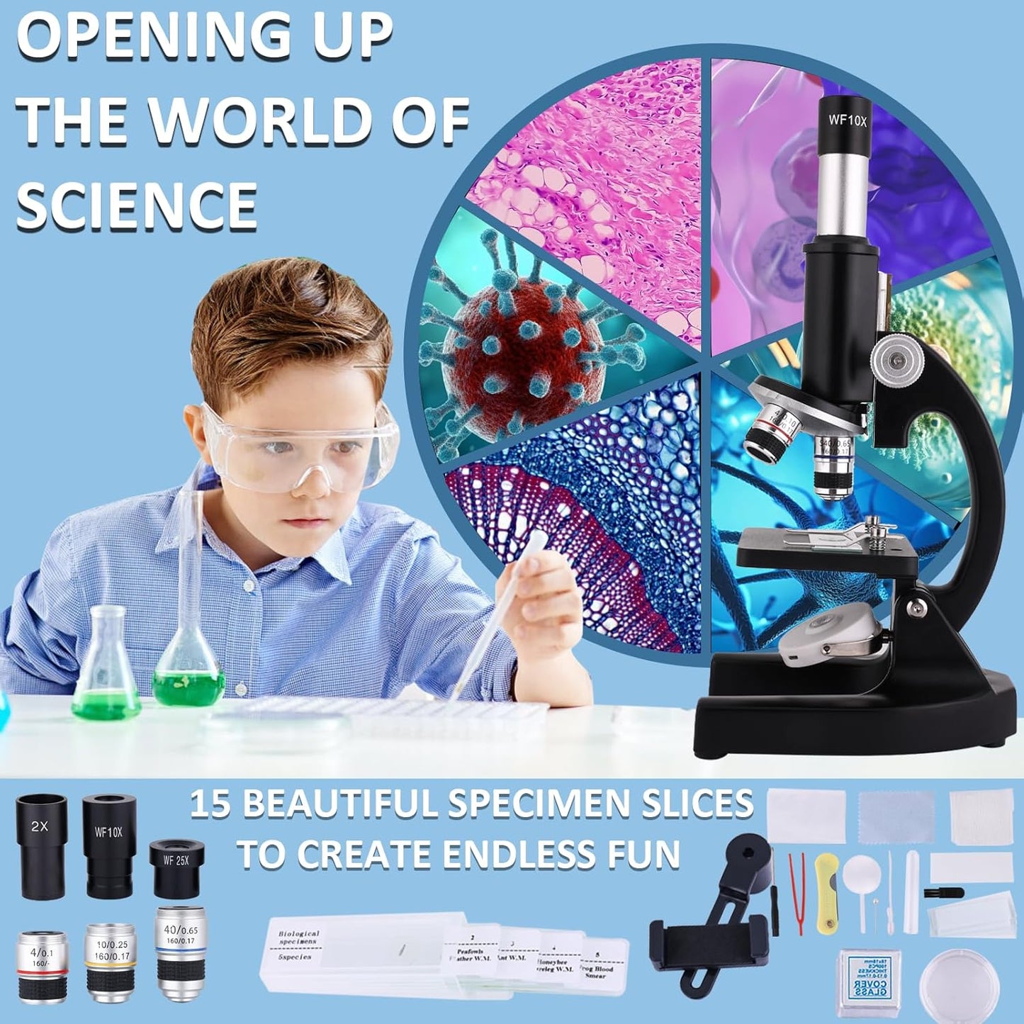 Microscope for Kids 40X-2000X, Microscope for Children 8-12 Years Old with LED Fill Light, Slides and specimens Ideal for School Labs Homeschooling