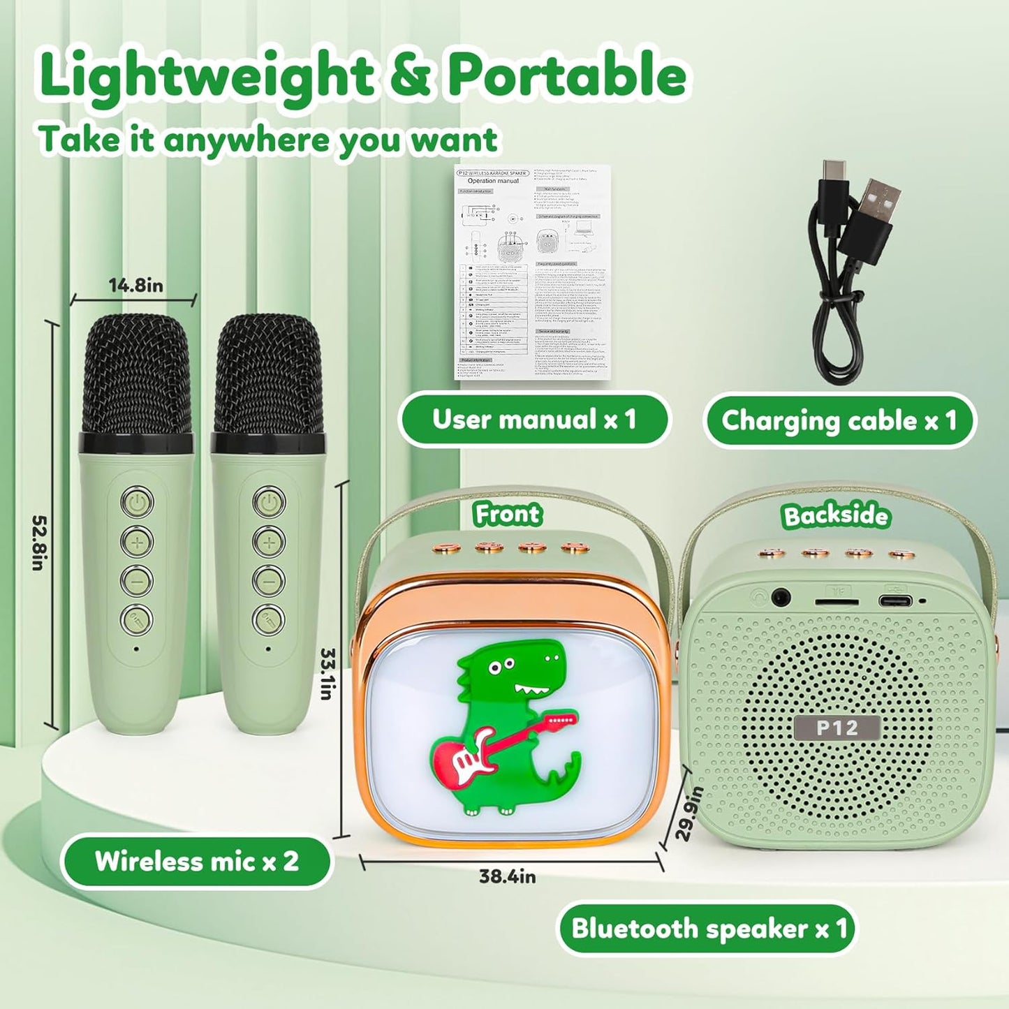 Dinosaur Karaoke Machine for Kids, Portable Mini Karaoke Machine with 2 Wireless Microphones, 4 5 6 7 8 9 10 Years Old Girl Boy Easter Christmas Birthday Gift Colorful Lighted Speaker Toys