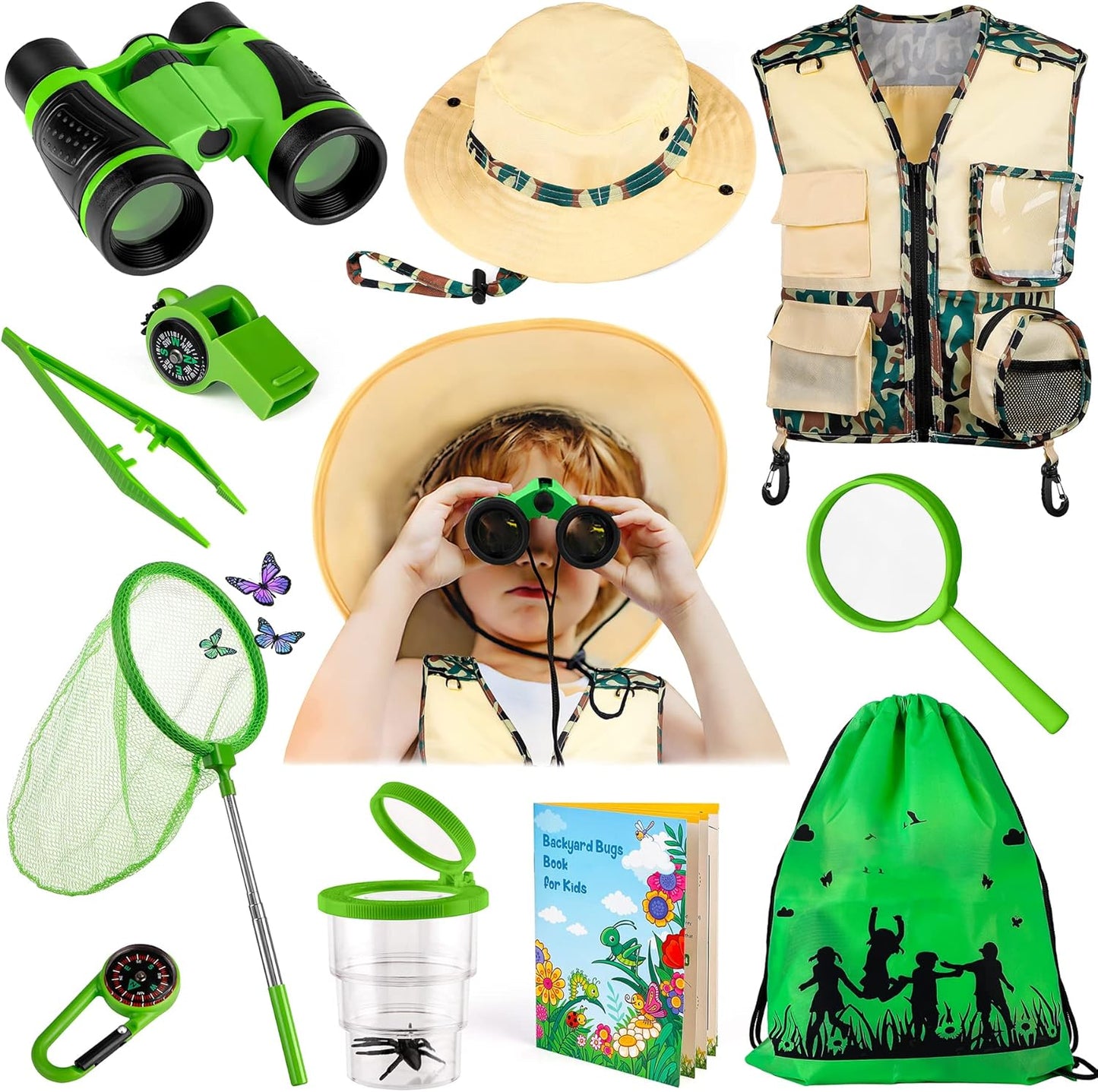 INNOCHEER Kids Explorer Kit & Bug Catcher Kit & Safari Costume Kit, Outdoor Exploration Set with Hat, Vest, Butterfly Net and Bugs Book for Boys Girls 3-12 Years Old (Camouflage Green)