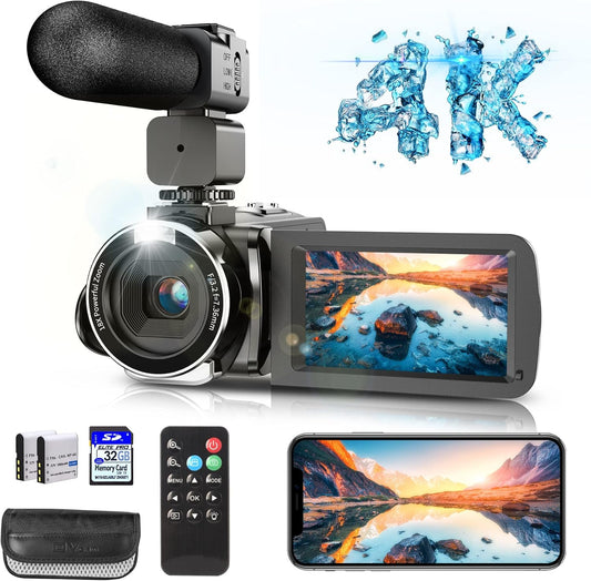 4K Video Camera with HD Micphone, Camcorder with IR Night Vision, WiFi Digital Camera, 18X Digital Zoom, Vlogging Camera for YouTube, Kids Video Camera, Built in Microphone, Remote, 2X Batteries