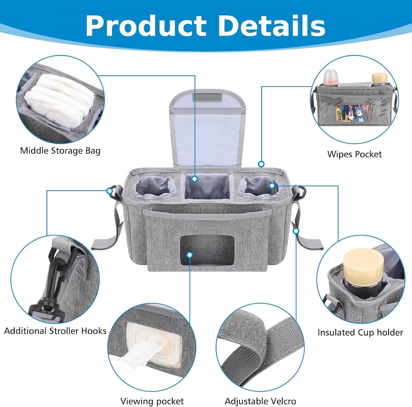 Accmor Universal Stroller Organizer with Insulated Cup Holder and Shoulder Strap, Stroller Bag Caddy Organizer Stroller Accessories for Uppababy, Baby Jogger, Nuna, Doona, Britax Strollers