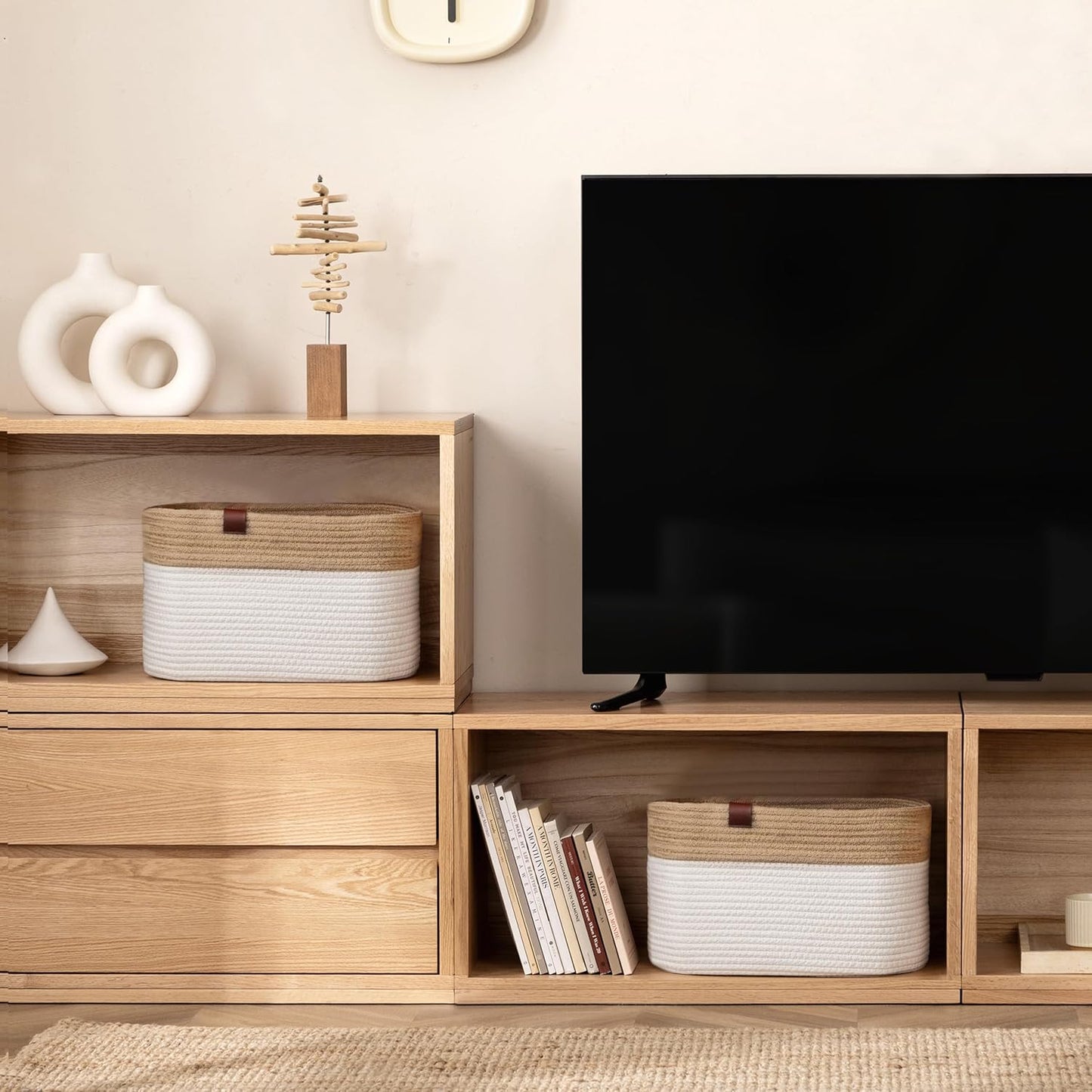 UBBCARE 4 Pack Baskets for Organizing, Woven Storage Baskets with Label for Toys and Towel, Rectangle Cotton Rope Basket with Handles, 15''L x10''W x9''H, Jute&White